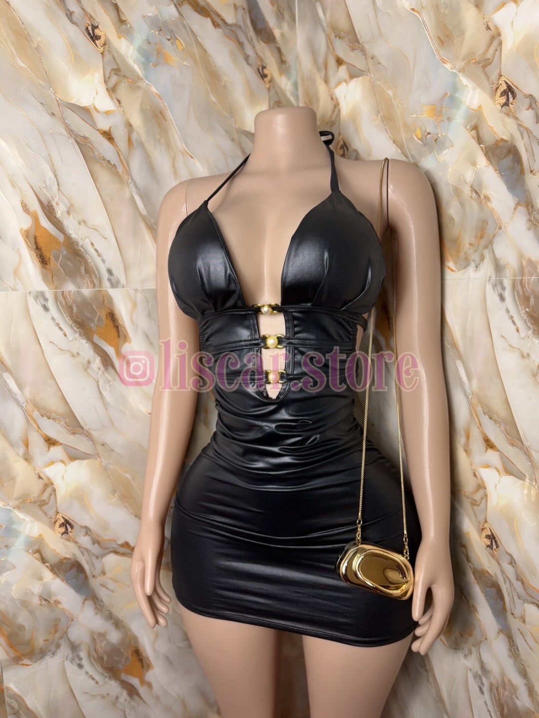 Vestido Perlas Ecocuero Noir